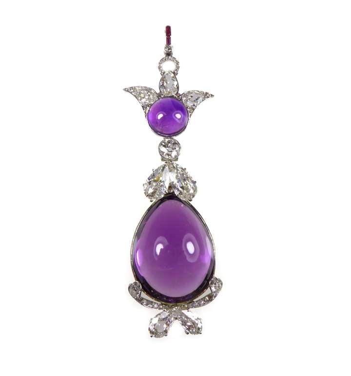 Cabochon amethyst and diamond pendant, hung with a principal drop shaped amethyst